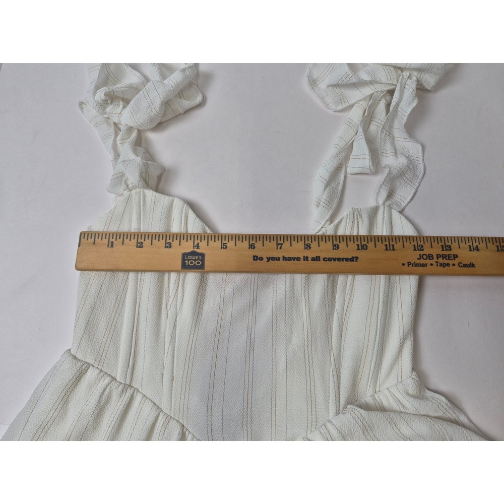 White Gold Pinstripe Ruffle Mini Dress Corset Lace Up Back Tie Strap Womens S - Picture 5 of 16